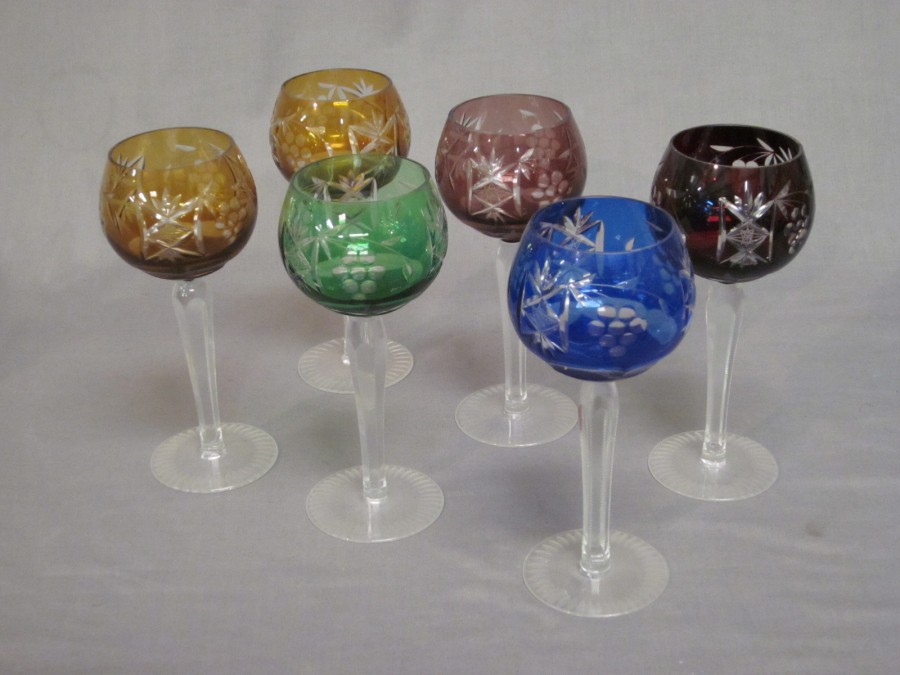 6 coloured long stemmed hock glasses 1st September 2010 Denhams
