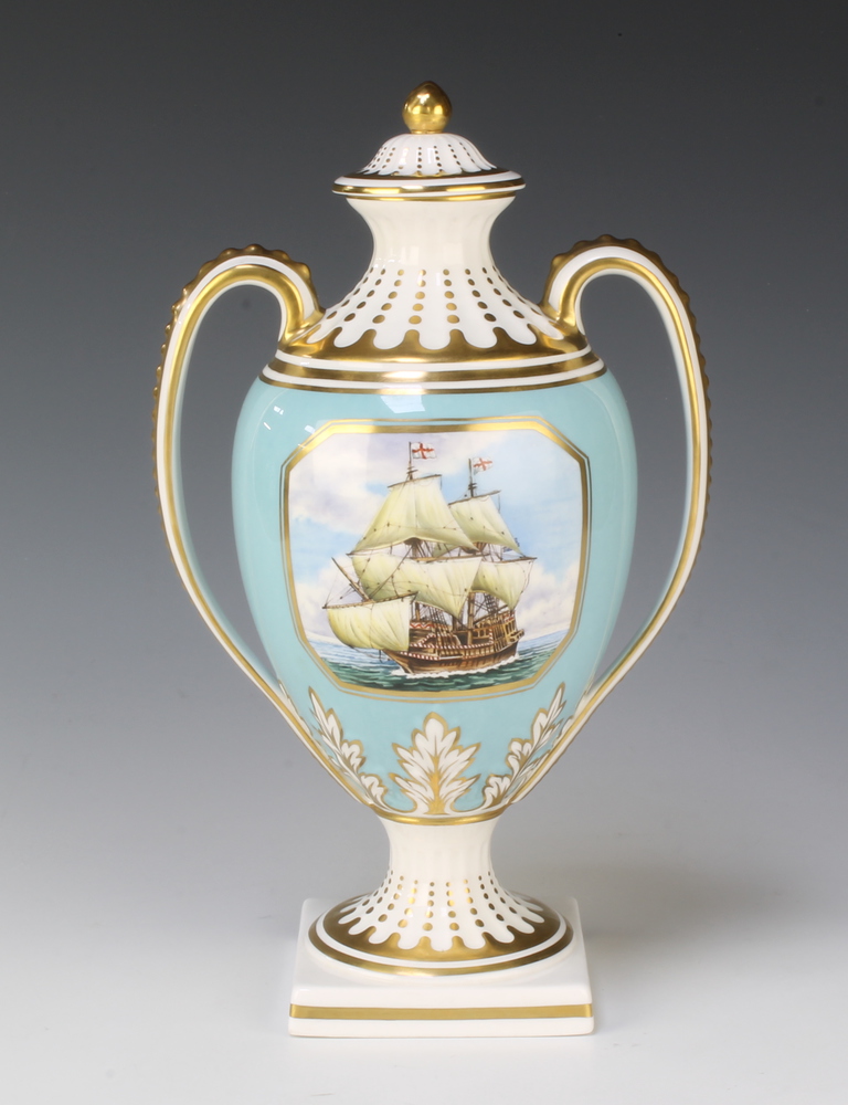 A Spode commemorative 2 handled vase and cover "The 29th November 2017 Denhams