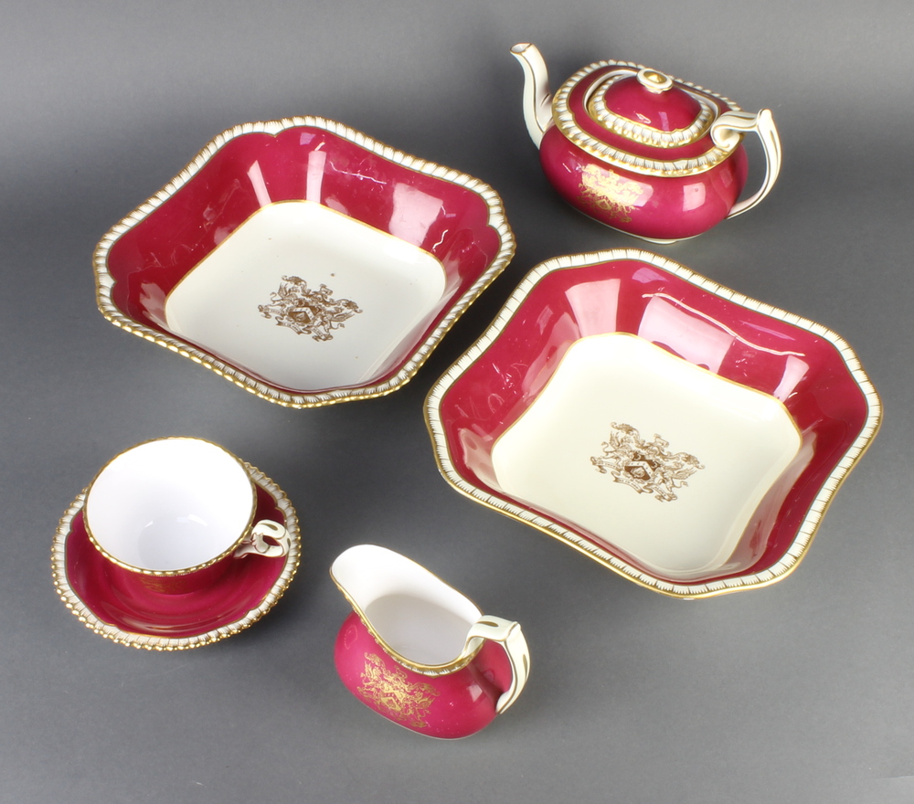 A Spode bone china part tea set, the burgundy and gilt 5th November
